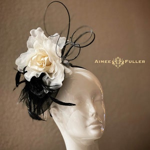 White Rose Bridal Fascinator, High Tea Black Cocktail Hat, Ivory Off White Cream Fascinator, Kentucky Derby Hat, Royal Ascot Hat Fascinator