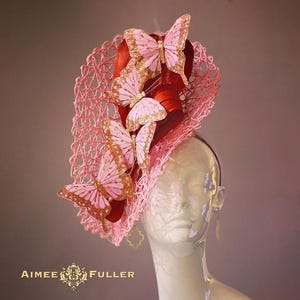 Kentucky Derby Hat Fascinator, Gold Pink Red Silk Fascinator, Fun Butterfly Hat, Del Mar Races Hat, Royal Ascot Hat, Pink Breeders&#39; Cup Hat