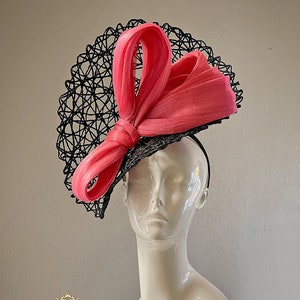 Aimee Fuller Kentucky Derby Coral Salmon Pink Black Fascinator Hat Silk Handmade Headpiece Del Mar Races Easter Hat Royal Ascot Hat