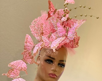 Aimee Fuller Kentucky Derby Fascinator, Royal Ascot Hat, Butterfly Pink Gold Headpiece Del Mar Opening Day High Tea Wedding Breeders Cup Hat