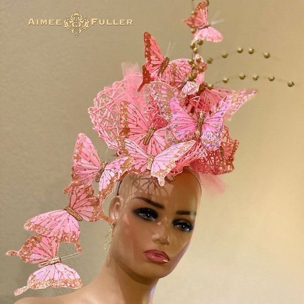 Aimee Fuller Kentucky Derby Fascinator, Royal Ascot Hat, Butterfly Pink Gold Headpiece Del Mar Opening Day High Tea Wedding Breeders Cup Hat