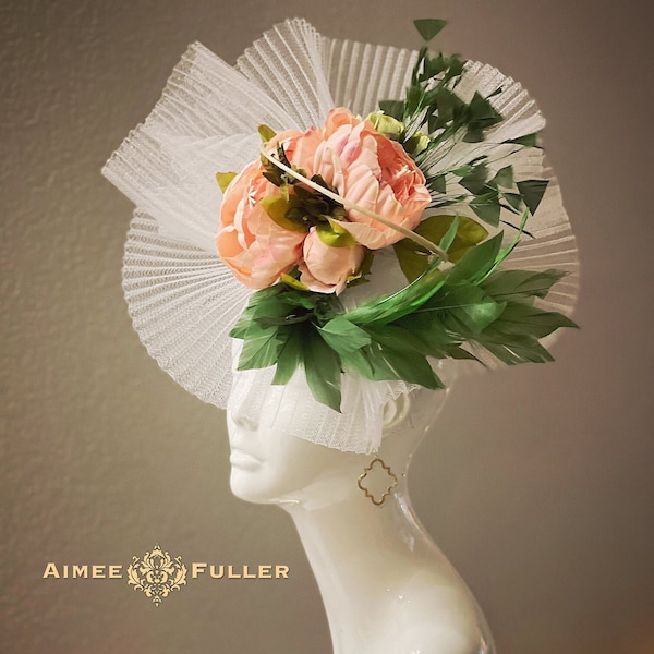 Kentucky Derby Fascinator Hat, Pale Melon Peach Pink Peony Floral White Royal Ascot Fascinator, Olive Forest Green Central Park Hat Luncheon