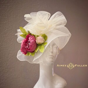 Floral Kentucky Derby Hat, Dark Hot Pink Cream Off White Royal Ascot Hat Fascinator, Kentucky Oaks Hat, Pink Easter Hat, Church, Del Mar