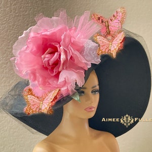 Pink and Black Derby Hat, High Tea Ivory White Cream Kentucky Derby Hats for women Big Butterfly Hat Easter Hat, Del Mar Hat Royal Ascot Hat