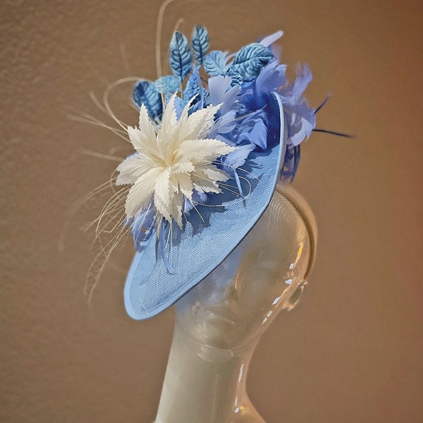 Kentucky Derby Fascinator, Light Blue Royal Ascot Hat, Cornflower Carolina Light Blue Sinamay Cream Bridal Mother of the Bride Fascinator