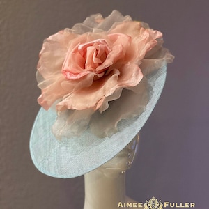 Kentucky Derby Hat, Light Powder Blue Sinamay Salmon Pink Rose Flower Bridal Fascinator, Easter Hat, Del Mar Hat, Big Royal Ascot Hatinator