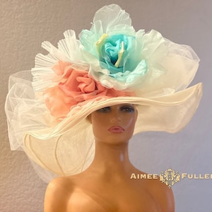 Kentucky Derby Hat, Light Aqua Blue Salmon Pink Rose Bridal Hat, Off White Cream Hat, Royal Ascot Hat, Melbourne Cup Hat, Preakness Del Mar