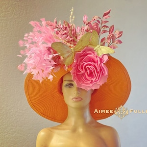 Kentucky Derby Hat, Free Shipping High Tea Hat, Hot Pink Derby Hat, Orange Derby Hats for Women, Big Butterfly Hat, Del Mar, Royal Ascot Hat