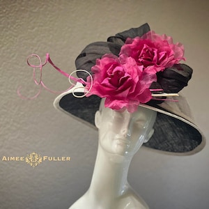 Kentucky Derby Hat, Black White Couture, Fuchsia Rose Easter Hat with Bow, Church Hat, High Tea Hat, Del Mar Races Bridal Royal Ascot Hat