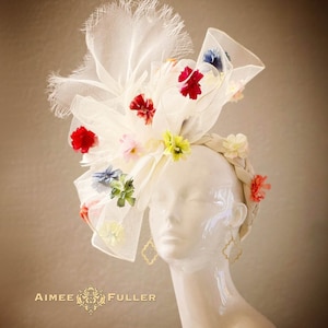 Floral Kentucky Derby Hat, Rainbow Flowers Red Pink Blue Orange Yellow Cream Off White Royal Ascot Fascinator, Del Mar Races Opening Day Hat