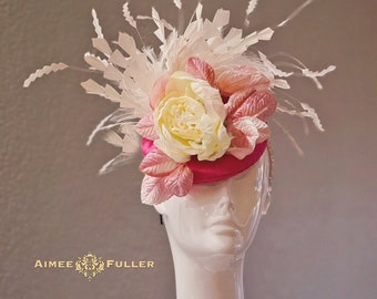 Aimee Fuller Kentucky Derby Fascinator, Pink Ivory Cream Off White Peony Royal Ascot Fascinator, Fuchsia Silk Rose Bridal Hat Del Mar Easter