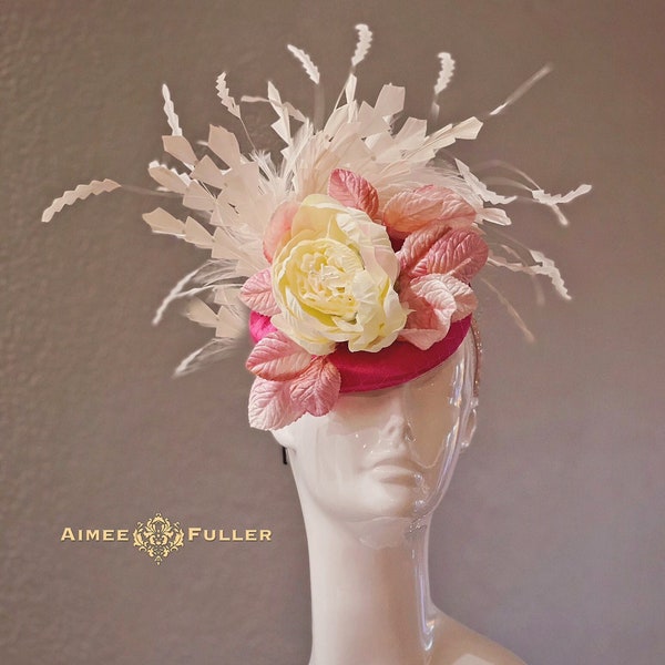 Aimee Fuller Kentucky Derby Fascinator, Pink Ivory Cream Off White Peony Royal Ascot Fascinator, Fuchsia Silk Rose Bridal Hat Del Mar Easter