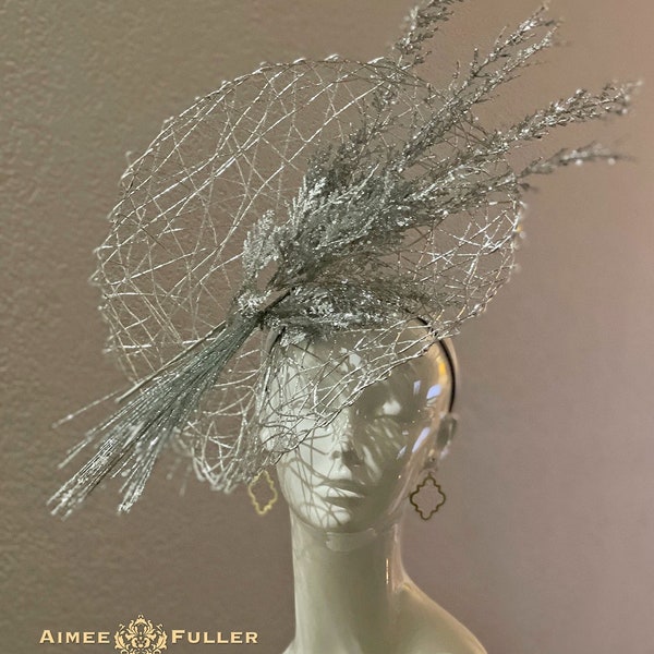 Aimee Fuller Frosted Branch Kentucky Derby Fascinator Silver Metallic Art Headpiece Del Mar Opening Day Hat Royal Ascot Fascinator Big Hat