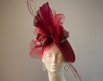 Kentucky Derby Hat Fascinator, Royal Ascot Hat, Valentine&#39;s Day Frosted Red Maroon Flower Silk Bridal Church High Tea, Del Mar Melbourne Cup