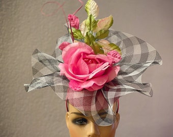 Kentucky Derby Fascinator, Fascinator a cuadros con volantes Kentucky Oaks Sombrero, Sombrero Royal Ascot, Sombrero de Pascua Negro Gris Rosa Rosa Verde Amarillo Del Mar