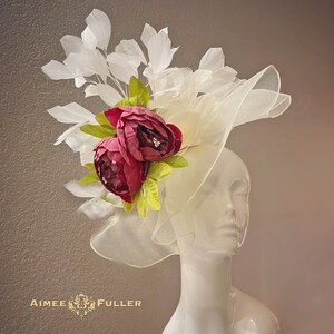 Floral Kentucky Derby Hat, Dark Hot Pink Cream Off White Royal Ascot Hat Fascinator, Kentucky Oaks, Pink Easter Hat, Church, Del Mar Races