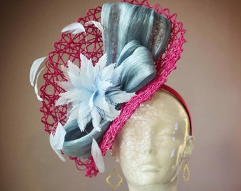 Kentucky Derby Hat Fascinator Bright Pink Satin With Netting  display picture 3