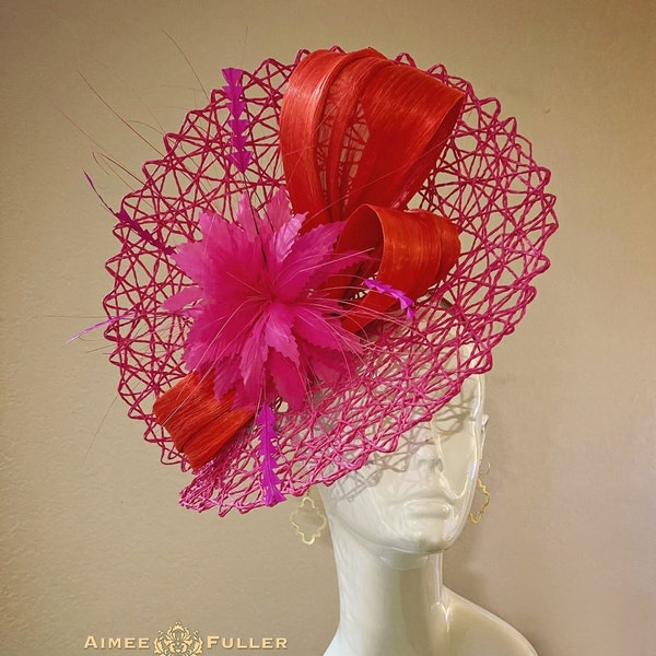 Großer Derby Hut, Rot Orange Roter Derby Hut, Pinker Derby Hut, Oster Fascinator, Hochzeitshut, Ascot Hut, Ausgefallener Fascinator, Fuchsie