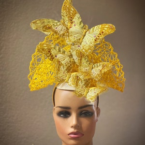Kentucky Derby Hat Fascinator, Butterfly Fascinator, Yellow Gold Headpiece Del Mar Hat, Royal Ascot Hat, Bridal Shower Hat, Wedding Hat