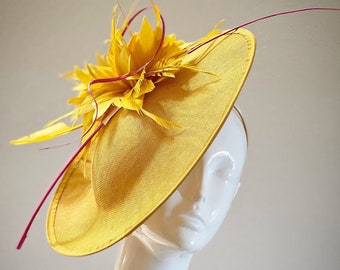 Kentucky Derby Fascinator Royal Ascot Saucer Hat Golden Gold Mustard Yellow Hot Pink, Sinamay Bridal Hat, Church Hat, High Tea Del Mar Races