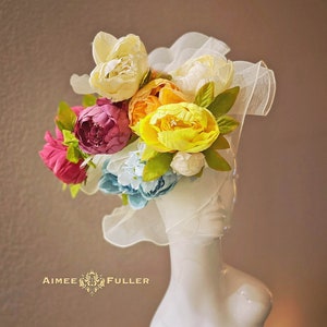 Kentucky Derby Hat, Yellow Orange Purple Hot Pink Blue Cream Off White Royal Ascot Fascinator Hat, Central Park Hat Luncheon, Rainbow Peony