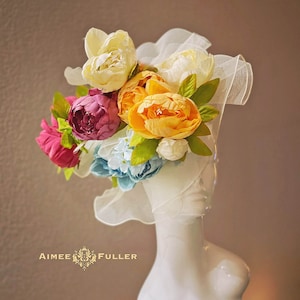 Rainbow Peony Kentucky Derby Hat, Orange Purple Pink Blue Cream Off White Royal Ascot Fascinator Hat, Easter Hat, Central Park Hat Luncheon