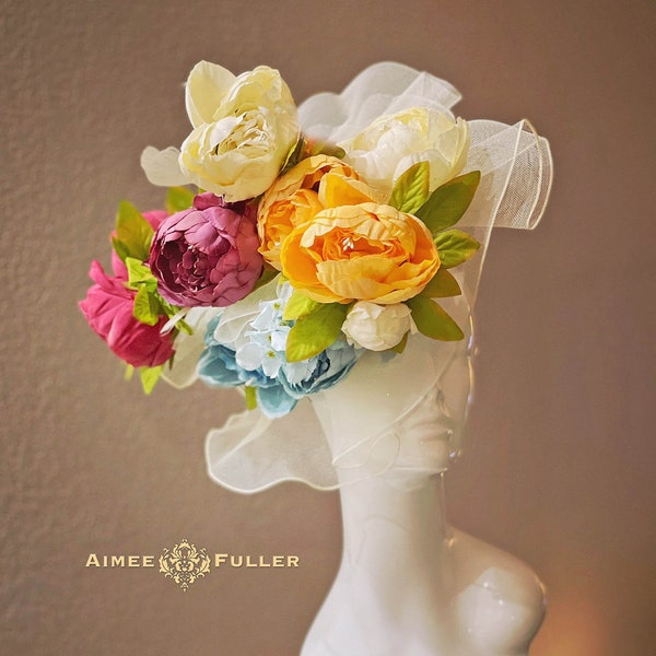 Rainbow Peony Kentucky Derby Hat, Orange Purple Pink Blue Cream Off White Royal Ascot Fascinator Hat, Easter Hat, Central Park Hat Luncheon