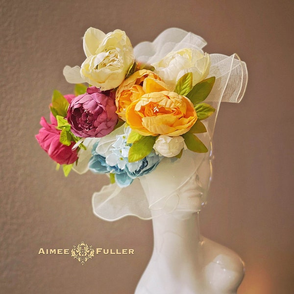 Chapeau Derby Kentucky pivoine arc-en-ciel, chapeau bibi Royal Ascot orange violet rose bleu crème blanc cassé, chapeau de Pâques, chapeau Central Park déjeuner