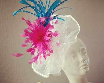 Aimee Fuller Kentucky Derby Fascinator, Hot Pink Turquoise Blue Hat, White Melbourne Cup Hat, Del Mar Races Opening Day Hat, Royal Ascot Hat