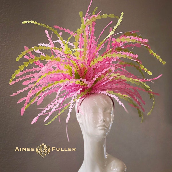 Various Colors Available Kentucky Derby Fascinator, Apple Lime Green Pink Feather Frenzy Headpiece, Del Mar Hat, Royal Ascot, Big Easter Hat