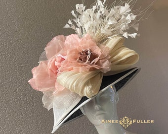 Sombrero Kentucky Derby, sombrero de alta costura blanco negro, sombrero de Pascua rosa de tonos rosas, sombrero de iglesia, sombrero de té alto, Del Mar, sombrero eduardiano, sombrero real de Ascot