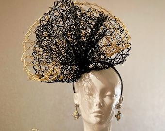 Kentucky Derby Fascinator, Black Gold Fancy Eveningwear Hat Del Mar Opening Day Hat, Royal Ascot Hat, Avant Garde Black and Gold Hat