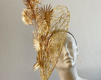 Aimee Fuller Kentucky Derby Fascinator, Gold Metallic Palm Leaf Hat, Del Mar Races Hat, Golden Royal Ascot Hat, Preakness Epsom Easter Hat