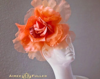 Kentucky Derby Fascinator Hat, Orange Tangerine Rose Hat, Silk Velvet Flower Bridal Easter Fascinator Del Mar Races Royal Ascot Hat High Tea