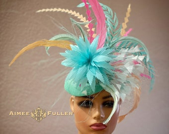 Aimee Fuller Kentucky Derby Fascinator, Sombrero de Cóctel, Verde Menta Aqua Azul Pálido Melocotón Melón Rosa Fascinator, Del Mar Races Hat, Royal Ascot