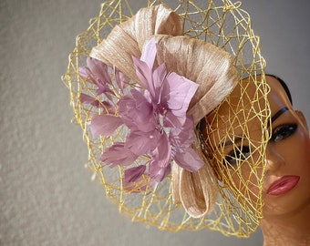 Kentucky Derby Hat, Neutrals, Beige Purple Gold Derby Fascinator, Wedding Hat, Ascot Hat, Melbourne Cup, Del Mar Hat Big Fancy Fascinator