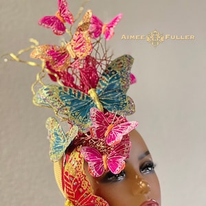 Kentucky Derby Fascinator, Butterfly Fascinator, Pink Gold Headpiece Del Mar Hat, Royal Ascot Hat, Easter Hat, Wedding, Hot Pink and Teal