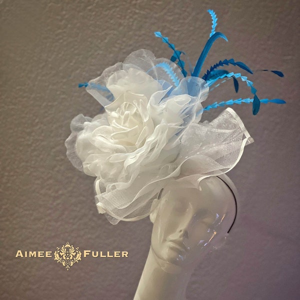 Aimee Fuller Silk Rose Bridal Veil Hat, Cocktail Hat, Turquoise Blue and White Fascinator, Kentucky Derby Hat, Royal Ascot Melbourne Cup Hat