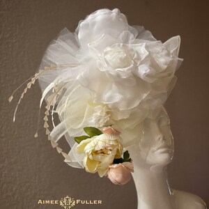 Kentucky Derby Hat, Bridal Veil, White Rose Butter Cream Pale Pink Peony Cascade Statement Hat, Royal Ascot Fascinator Del Mar Melbourne Cup
