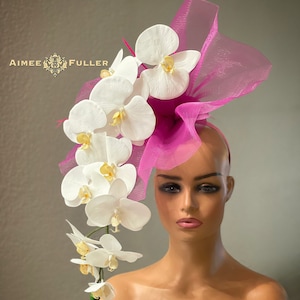 Kentucky Derby Fascinator, Kentucky Oaks Hat, Hot Shocking Pink Fuchsia White Orchid Flowers High Tea Hat, Del Mar Melbourne Cup Royal Ascot