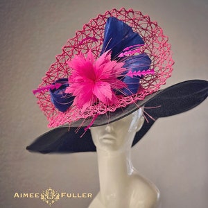 Kentucky Derby Wide Brim Hat, Fuchsia Hot Pink Blue Black Del Mar Opening Day Hat, Royal Ascot Hat, Kentucky Derby Hats for Women, Easter