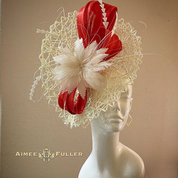 Red Orange Kentucky Derby Hat, Cream Hat, Big Derby Fascinator, Preakness Fascinator, Bridal Wedding Hat, Royal Ascot Hat, Vermillion Hat