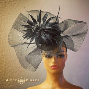 Kentucky Derby Hat Fascinator, Black Ruffled Fascinator, Cocktail Hat, Black Feathers, Del Mar Races Hat, Royal Ascot Hat, Black Easter Hat