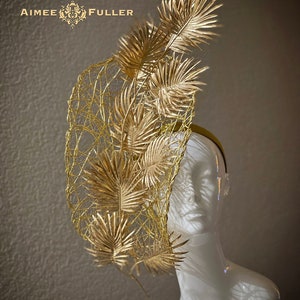 Aimee Fuller Kentucky Derby Fascinator Mottled Gold Metallic Palm Leaf Hat Del Mar Races Hat, Golden Royal Ascot Hat, Huge Hat Epsom