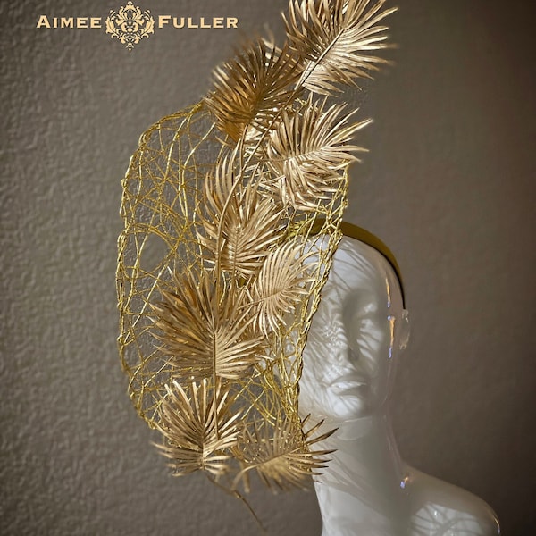 Aimee Fuller Kentucky Derby Fascinator Goldmetallischer Palmenhut Del Mar Rennhut, goldener Royal Ascot-Hut, großer Hut Epsom