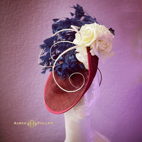 Kentucky Derby Fascinator, Royal Ascot Fascinator, Navy Blue Maroon Dark Red Cream Flower Bridal High Tea Hat, Del Mar Hat Melbourne Cup Hat
