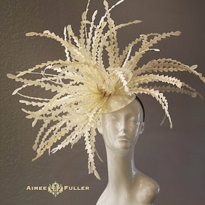 Kentucky Derby Hat Fascinator, Cream Off-White Feather Frenzy Headpiece, Huge Del Mar Hat, Royal Ascot Hat, Ivory Easter Hat, Breeders Cup