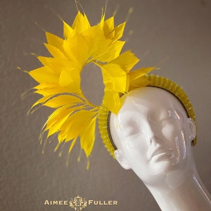 Aimee Fuller Silk Rose Bridal Hat, Feather Crown Fascinator, Cocktail Hat, Yellow Fascinator, Kentucky Derby, Royal Ascot, Easter Bride