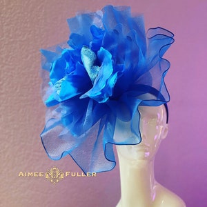 Kentucky Derby Hat, High Tea Cocktail Hat, Ruffled Blue Fascinator, Silk Rose Royal Ascot Fascinator, Melbourne Cup Fascinator Del Mar Races