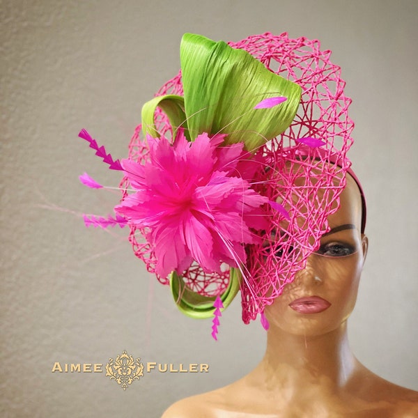 Aimee Fuller Kentucky Derby Fascinator, Hot Pink Silk Hat, Apple Green and Turquoise Hat, Del Mar Opening Day, Royal Ascot Melbourne Cup Hat